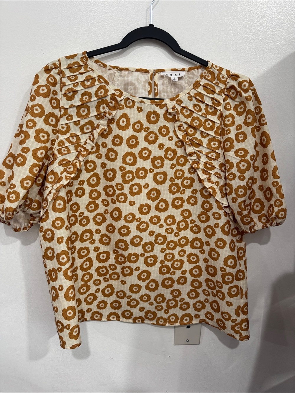 THML Cream and Brown Floral Ruffle Puff Sleeve Blouse